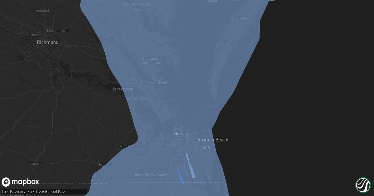 Hail map in Chesapeake, VA on August 3, 2020