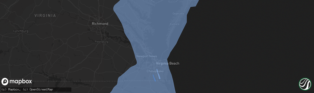 Hail map in Hampton, VA on August 3, 2020