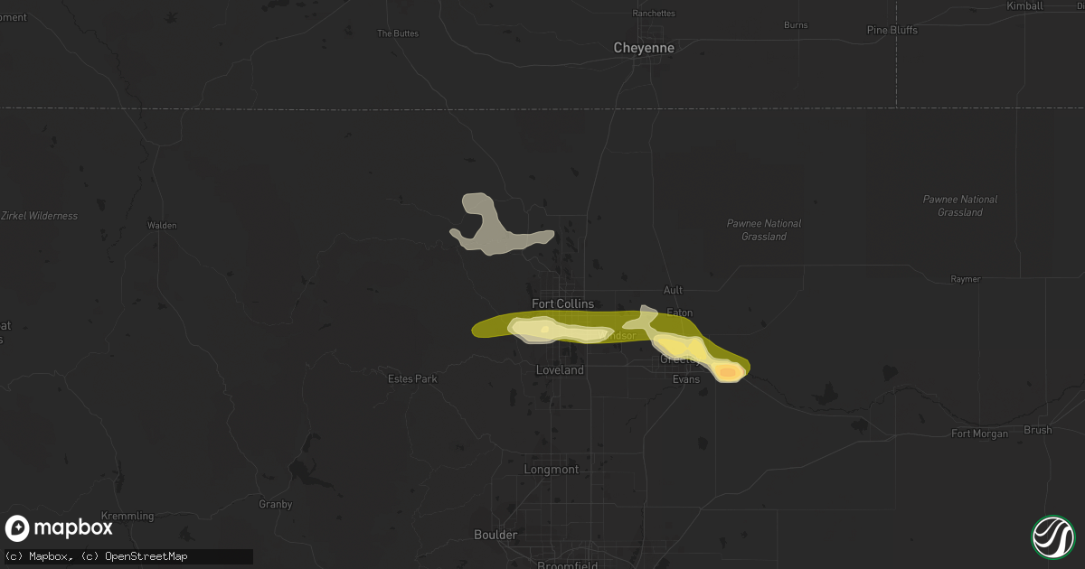 Hail map in Fort Collins, CO on August 3, 2023