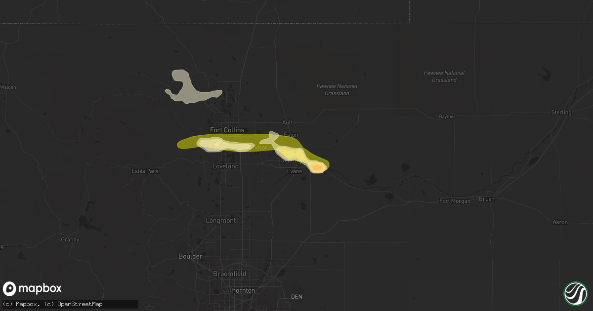 Hail map in Greeley, CO on August 3, 2023