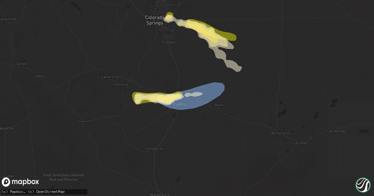 Hail map in Pueblo, CO on August 3, 2023