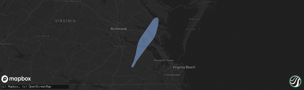 Hail map in Williamsburg, VA on August 3, 2024