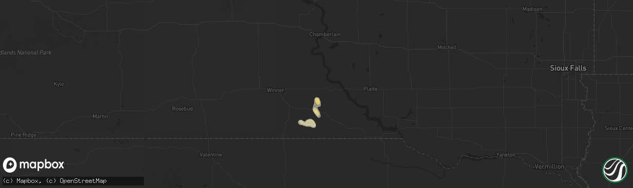 Hail map in Gregory, SD on August 3, 2025