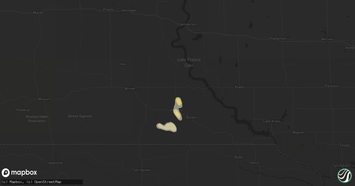 Hail map in Gregory, SD on August 3, 2025
