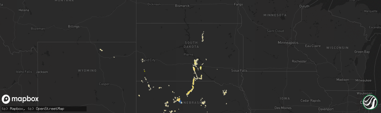 Hail map in South Dakota on August 3, 2025