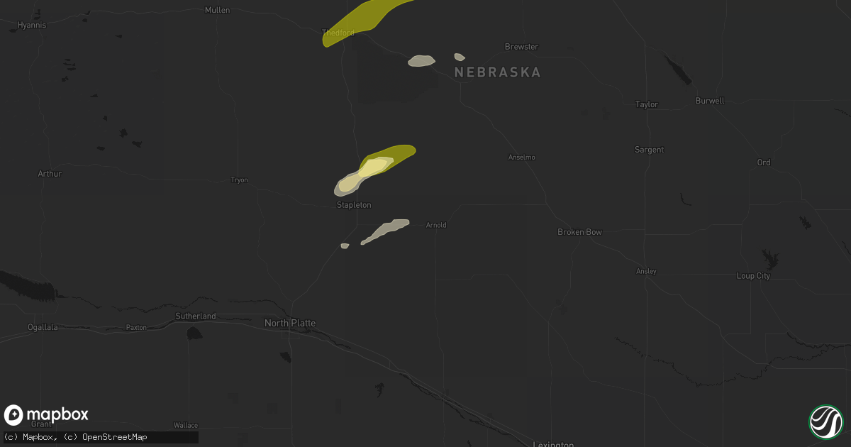 Hail map in Arnold, NE on August 3, 2026