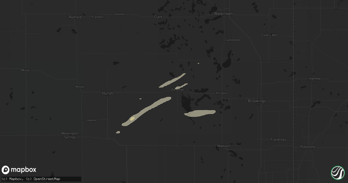 Hail map in De Smet, SD on August 3, 2026