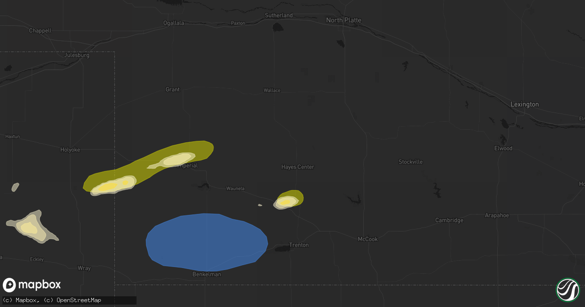Hail map in Hayes Center, NE on August 3, 2026