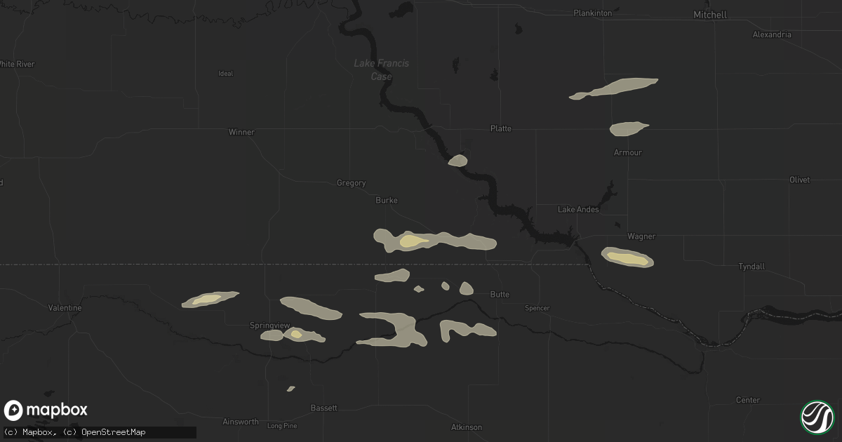 Hail map in Herrick, SD on August 3, 2026