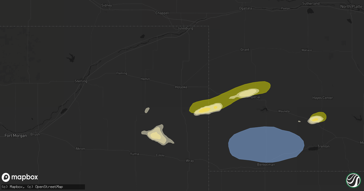 Hail map in Holyoke, CO on August 3, 2026
