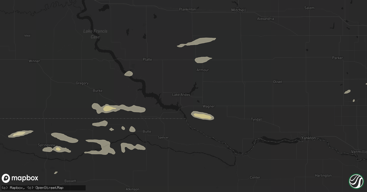 Hail map in Lake Andes, SD on August 3, 2026