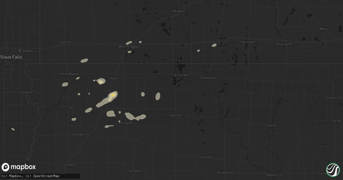 Hail map in Milford, IA on August 3, 2026