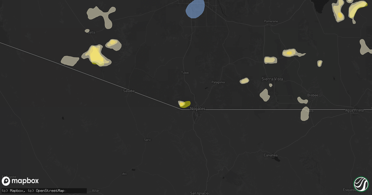 Hail map in Nogales, AZ on August 3, 2026