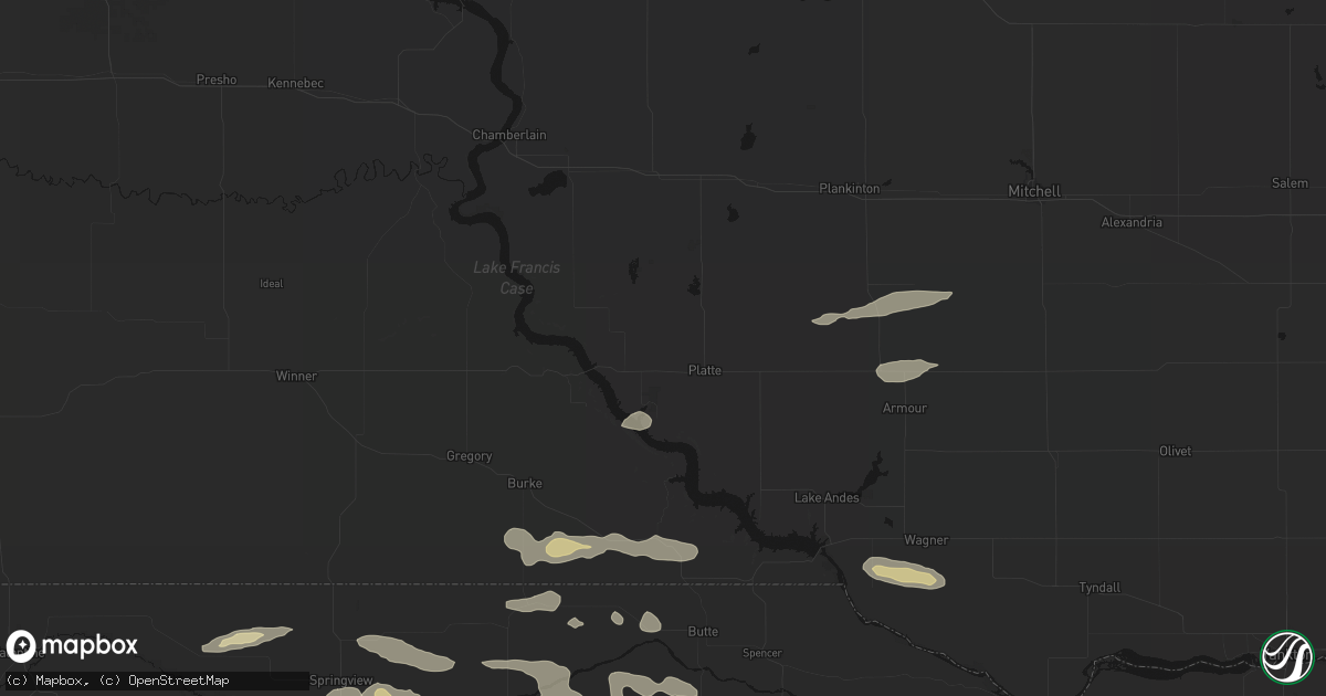 Hail map in Platte, SD on August 3, 2026