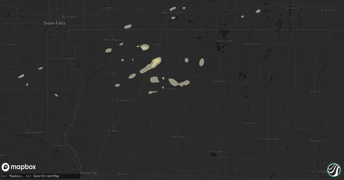 Hail map in Primghar, IA on August 3, 2026