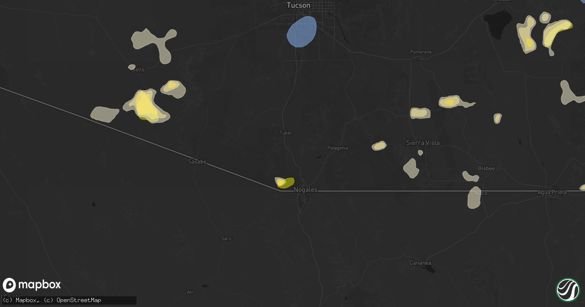 Hail map in Rio Rico, AZ on August 3, 2026