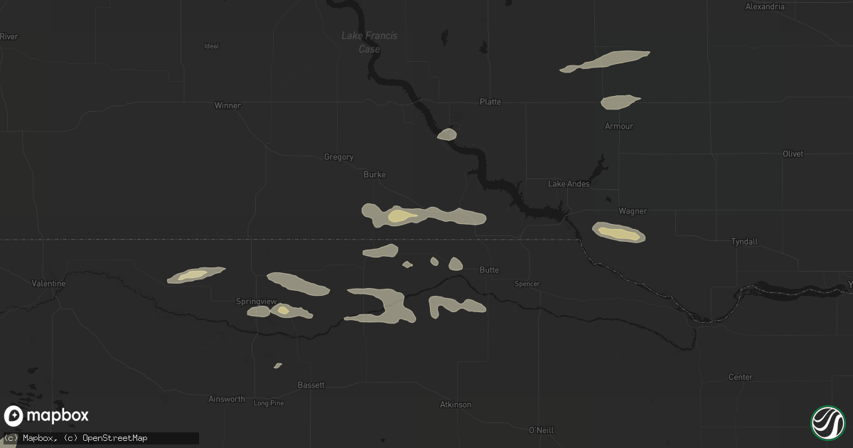 Hail map in Saint Charles, SD on August 3, 2026