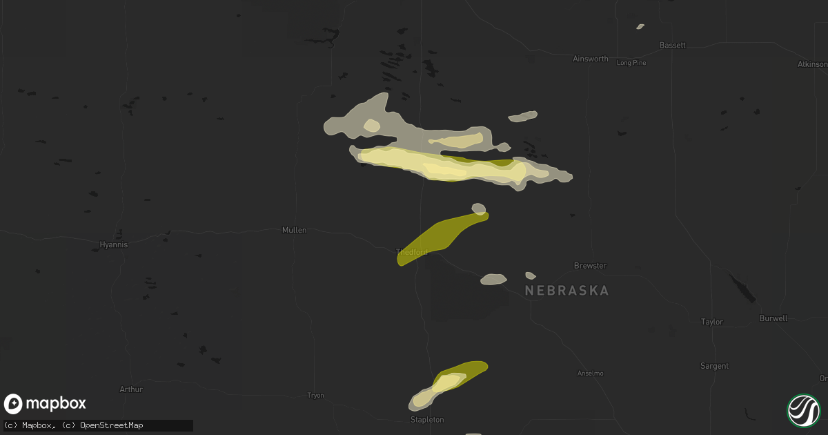 Hail map in Thedford, NE on August 3, 2026