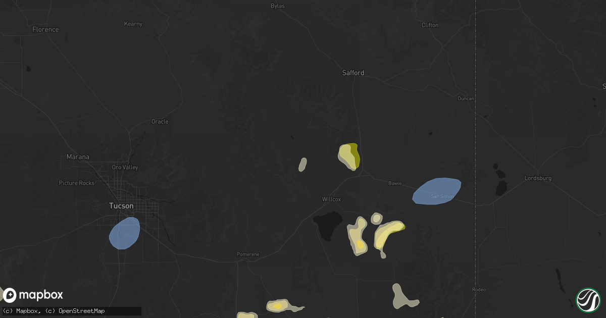 Hail map in Willcox, AZ on August 3, 2026