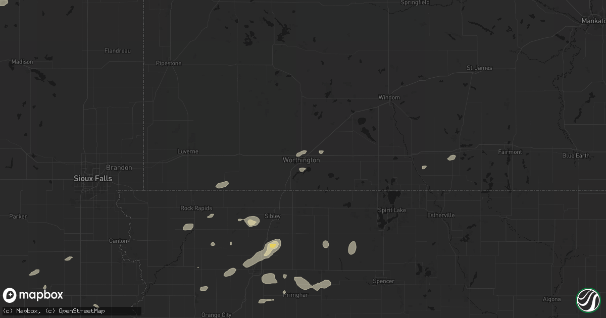 Hail map in Worthington, MN on August 3, 2026