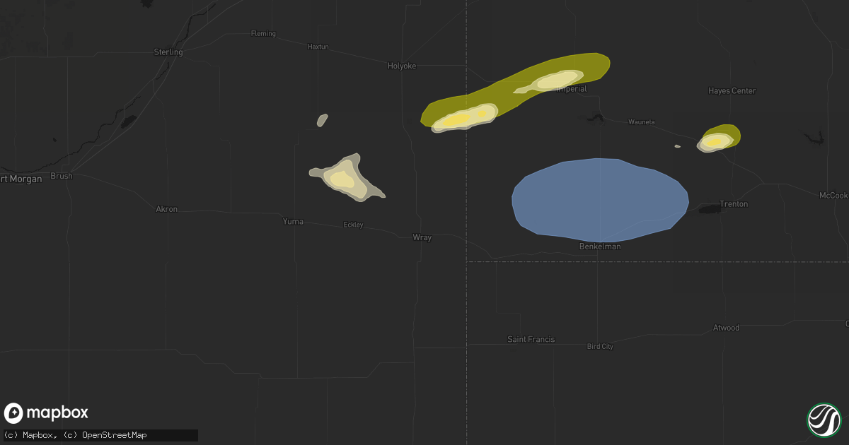 Hail map in Wray, CO on August 3, 2026
