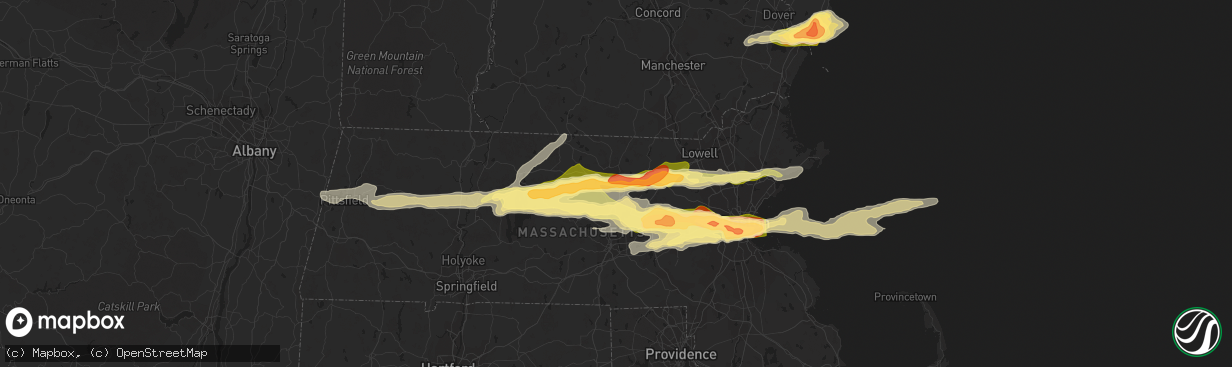 Hail map in Leominster, MA on August 4, 2015