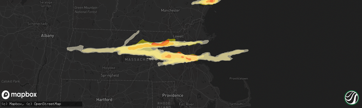 Hail map in Waltham, MA on August 4, 2015