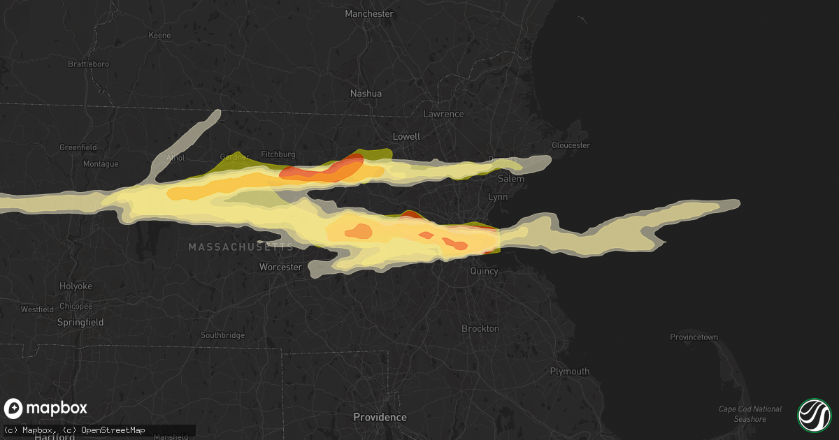 Hail map in Waltham, MA on August 4, 2015