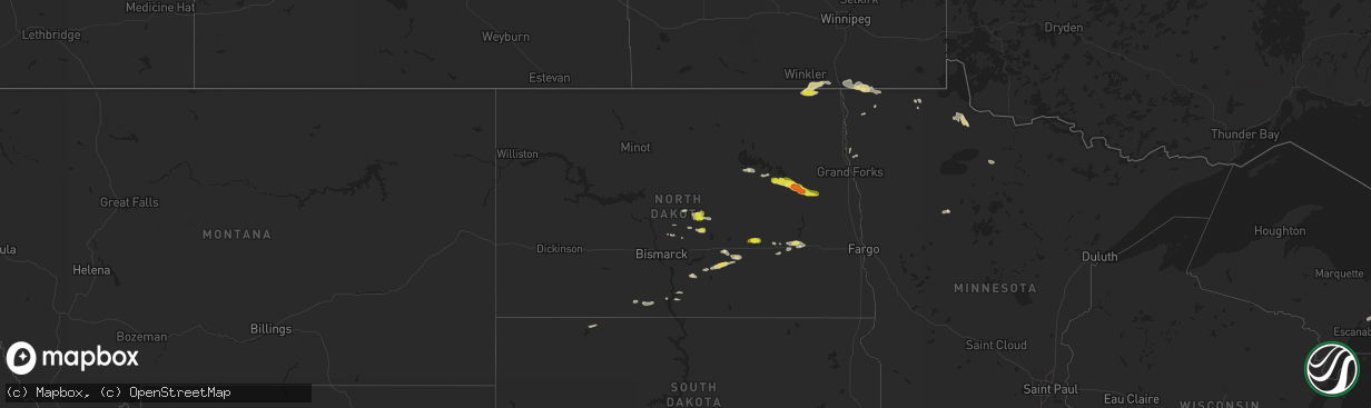 Hail map in North Dakota on August 4, 2018