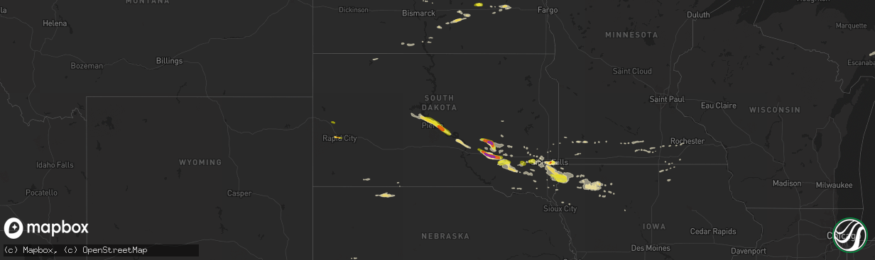 Hail map in South Dakota on August 4, 2018