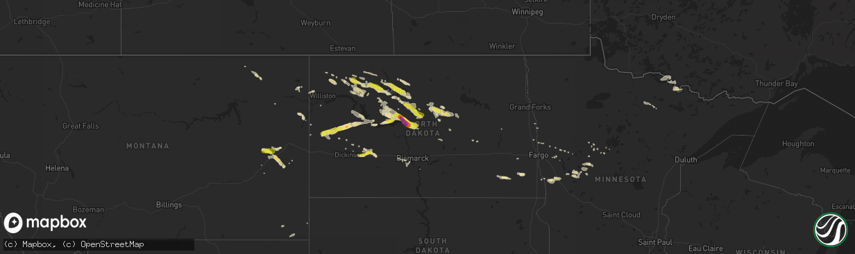 Hail map in North Dakota on August 4, 2019
