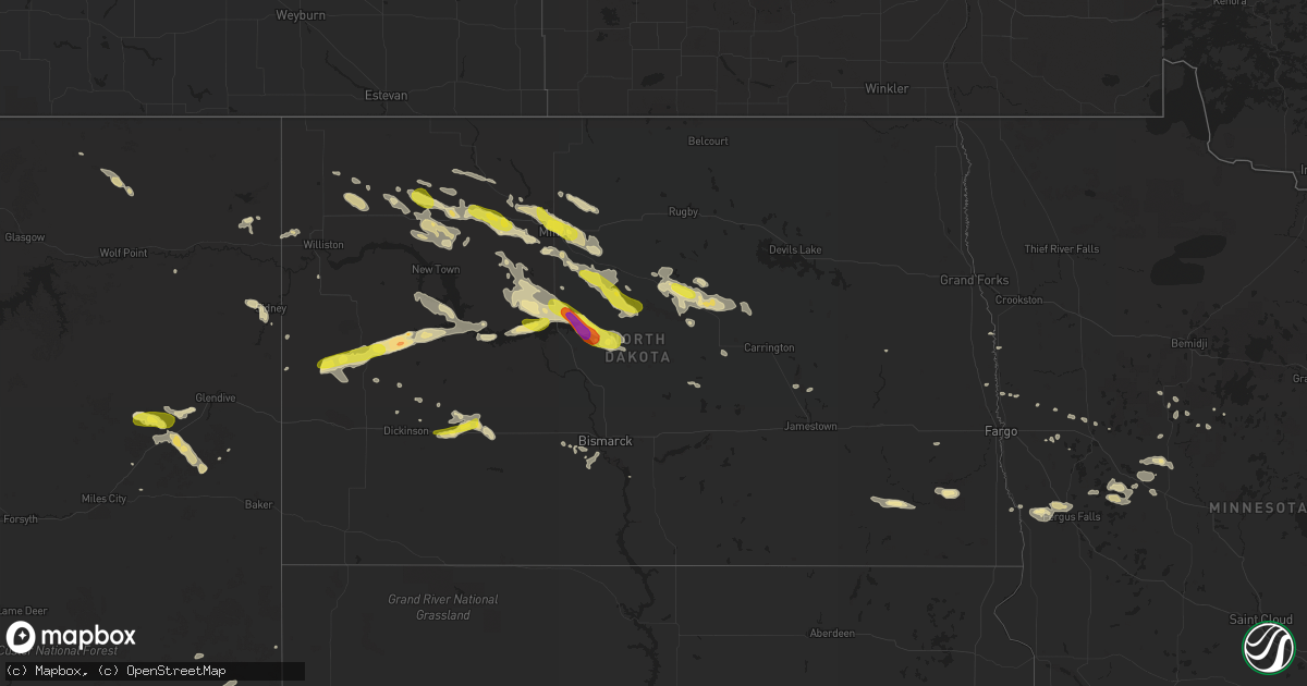 Hail map in North Dakota on August 4, 2019