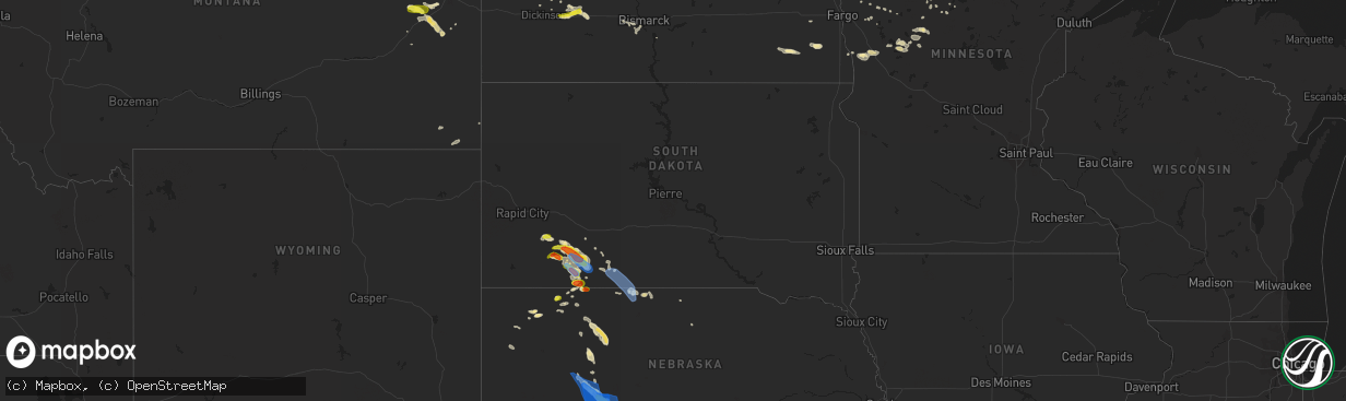 Hail map in South Dakota on August 4, 2019