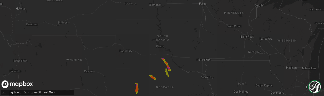 Hail map in South Dakota on August 4, 2020