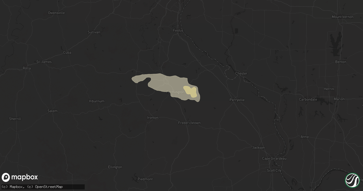 Hail map in Farmington, MO on August 4, 2023