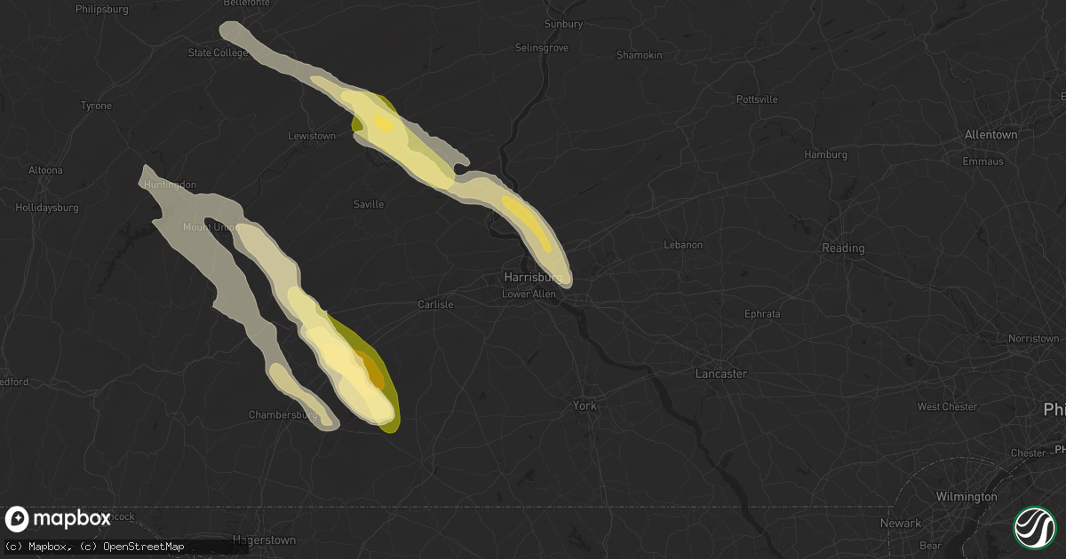 Hail map in Harrisburg, PA on August 4, 2023