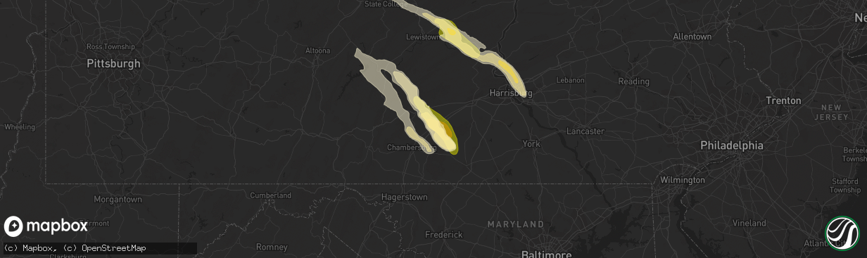 Hail map in Shippensburg, PA on August 4, 2023