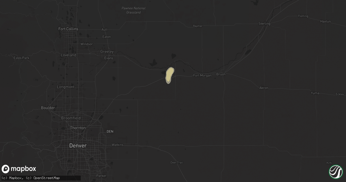 Hail map in Wiggins, CO on August 4, 2024