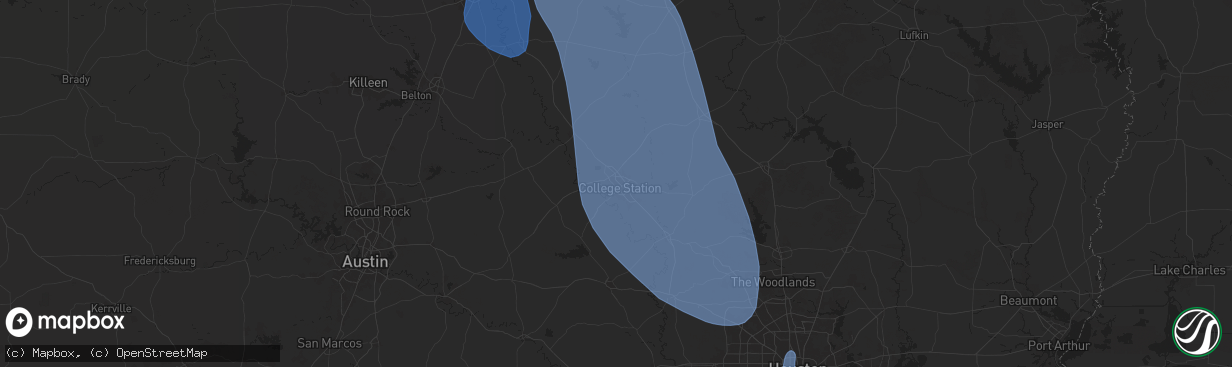 Hail map in Bryan, TX on August 4, 2025