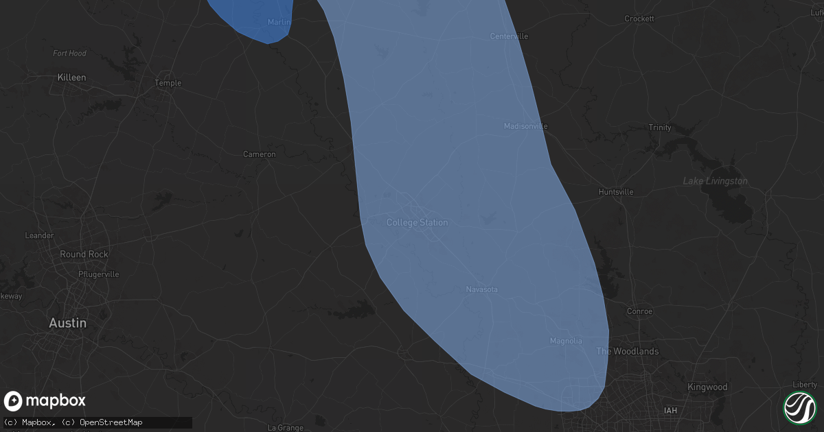 Hail map in Bryan, TX on August 4, 2025