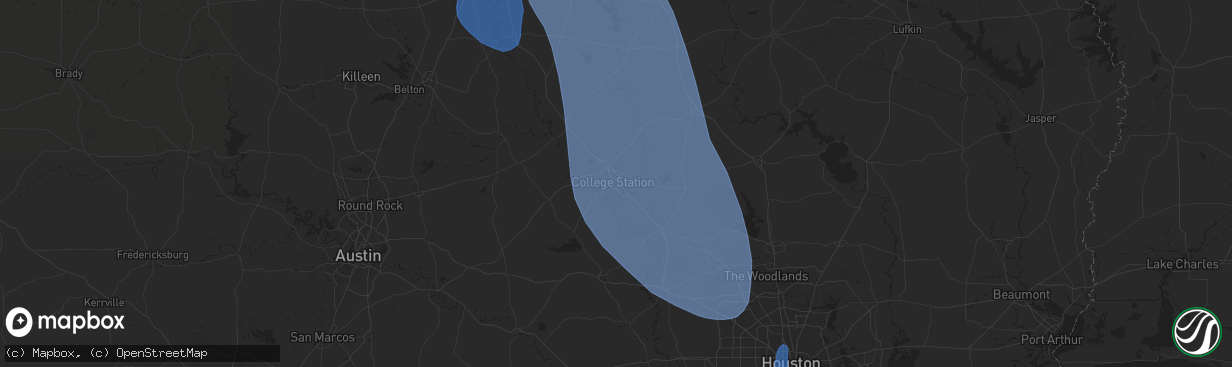 Hail map in College Station, TX on August 4, 2025
