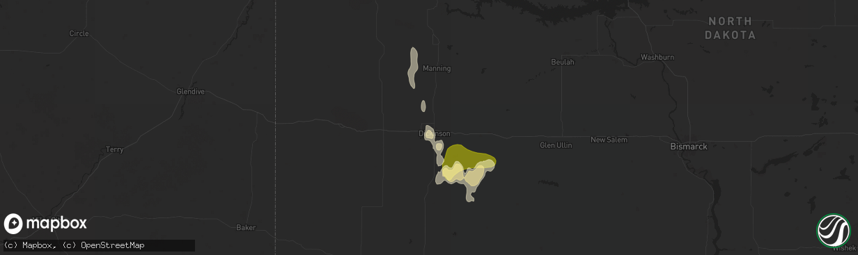 Hail map in Dickinson, ND on August 4, 2025