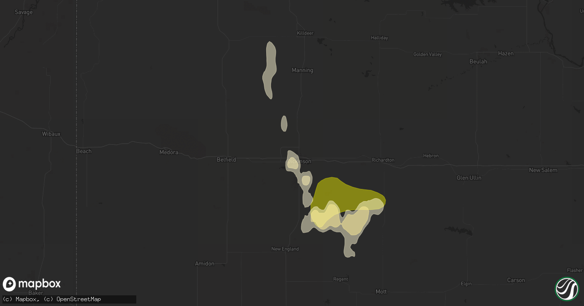 Hail map in Dickinson, ND on August 4, 2025