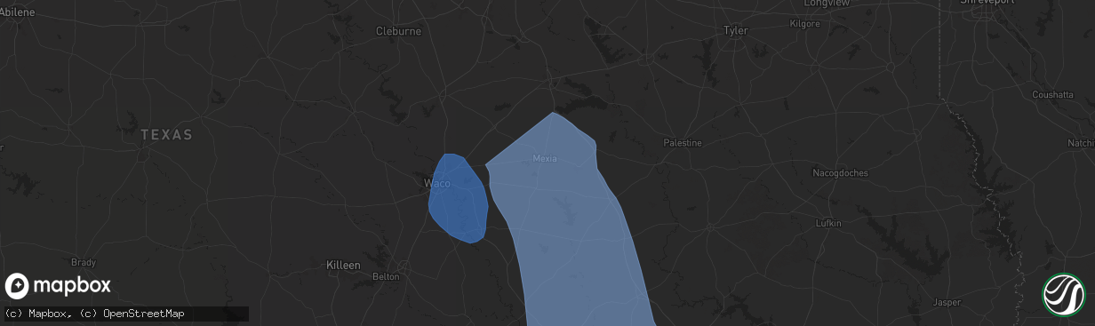 Hail map in Mexia, TX on August 4, 2025