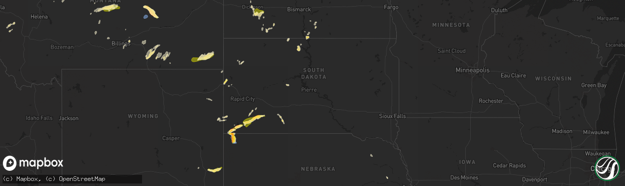 Hail map in South Dakota on August 4, 2025