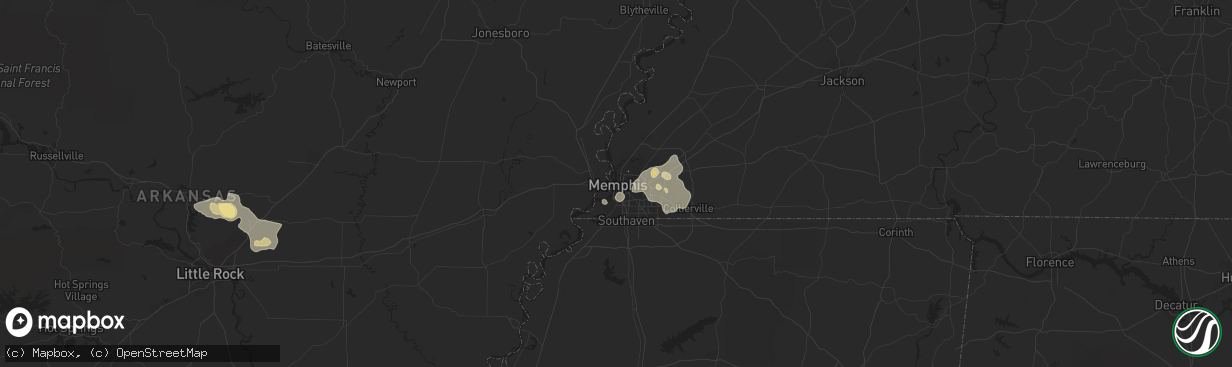 Hail map in Memphis, TN on August 5, 2015