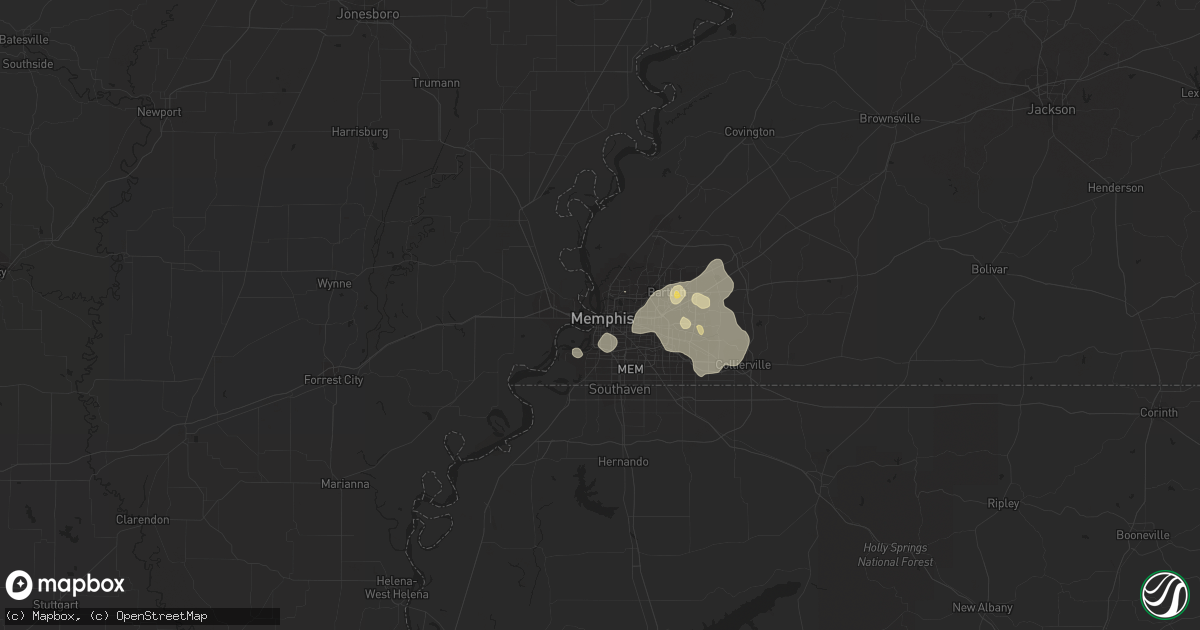 Hail map in Memphis, TN on August 5, 2015