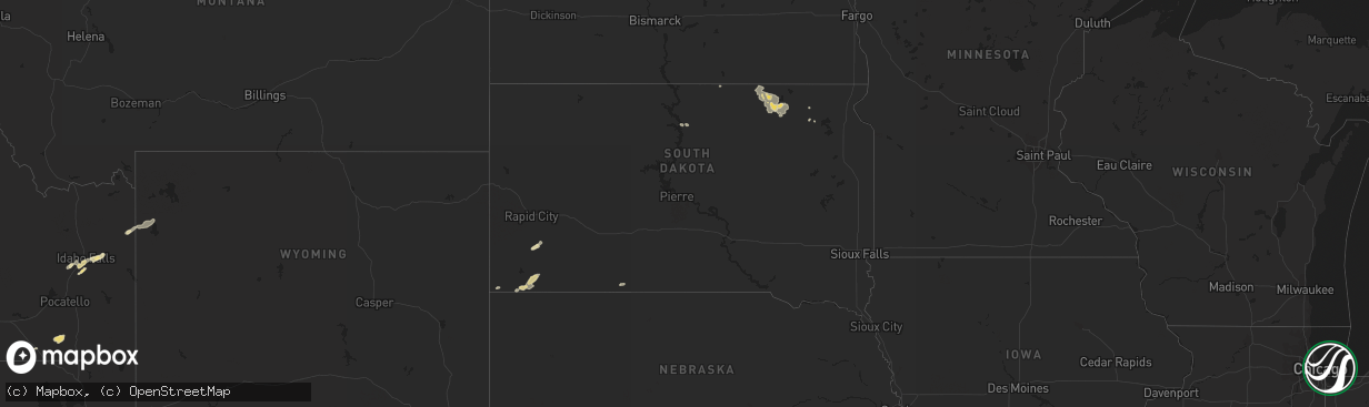 Hail map in South Dakota on August 5, 2015