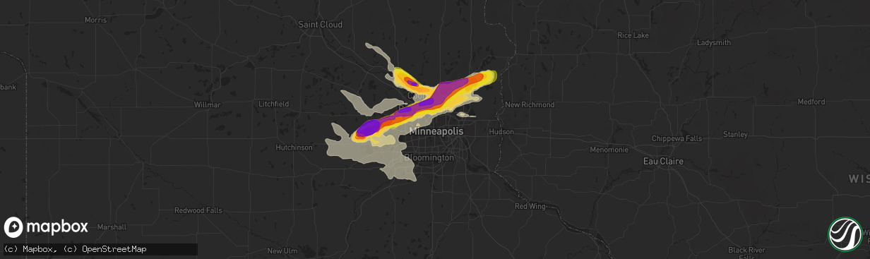 Hail map in Minneapolis, MN on August 5, 2019