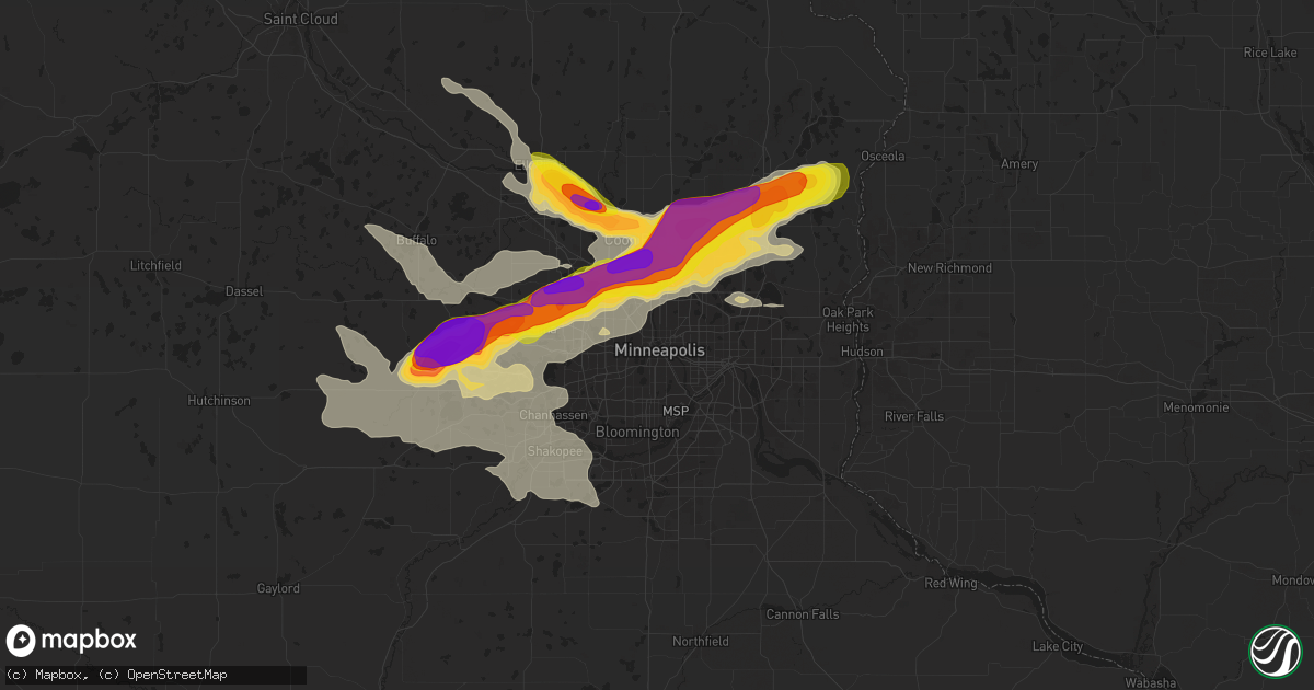 Hail map in Minneapolis, MN on August 5, 2019
